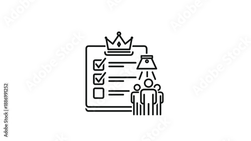 Illustrated checklist showing completed tasks along with a group of people and a crown symbolizing leadership and team success.