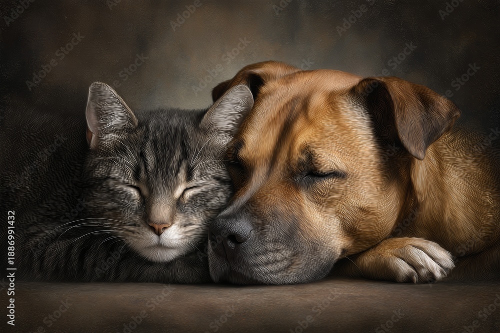 Obraz premium Cat and dog sleeping together in peaceful close up, animal friendship concept for companionship, love, trust and harmony