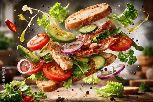Colorful and appetizing sandwich with various ingredients flying through the air in a kitchen setting.