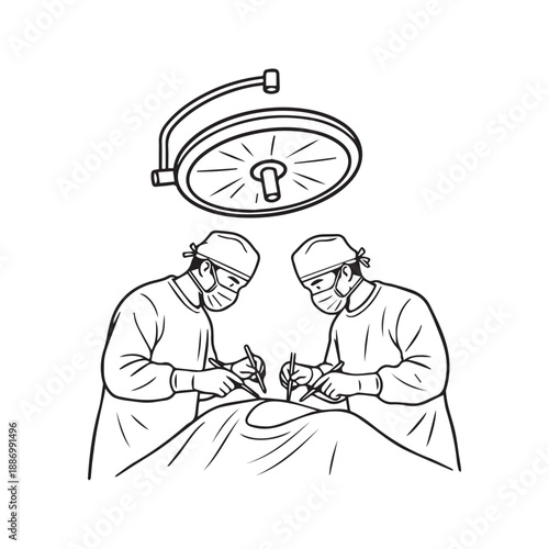 Two surgeons performing surgery in operating room line art illustration. Vector sketch of medical team operation with surgical light and instruments.
