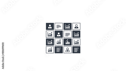Grid pattern of various business and data icons symbolizing multifarious tasks, integrated systems, and comprehensive management solutions.