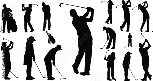 Golf player silhouettes collection showing golfers swinging putting and tee shots isolated on white background vector illustration set professional sport action poses design