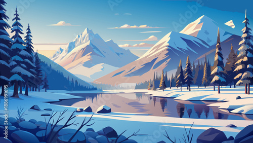 winter landscape with mountains and lake