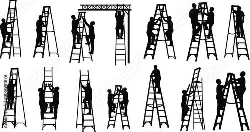 Ladder worker silhouettes collection showing construction workers climbing and working on ladders in various teamwork poses isolated on white background vector illustration set