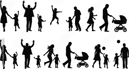 Black Family Silhouettes Set Featuring Parents and Children Walking Playing Jumping and Pushing Baby Strollers Isolated on White Background for Motherhood and Parenting Design Elements