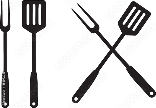 Black Silhouette Icons of BBQ Utensils, Spatula and Fork