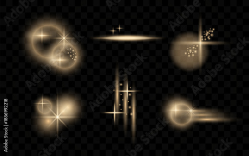 A set of realistic lighting effects. Golden highlights and flashes of light with sparks on a transparent background. Glowing elements for a design template.