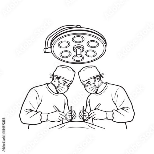 Two surgeons performing surgery in operating room line art illustration. Vector sketch of medical team operation with surgical light and instruments.

