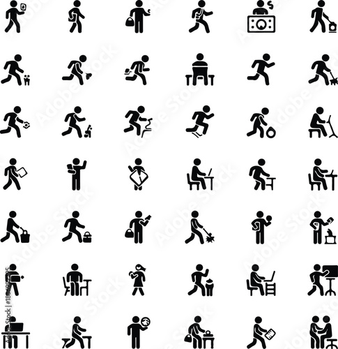 A comprehensive collection of daily and professional activities icon set depicting people in various roles and tasks isolated on transparent background, Vector