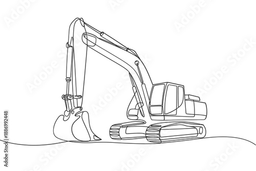 Continuous line drawing of a heavy duty construction excavator machine
