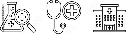 Medical laboratory research with stethoscope and hospital building icons vector set