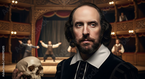 William Shakespeare with his famous skull and actors at the theater