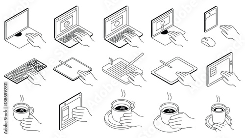 isometric hands interacting with technology and office items, featuring laptops, keyboards, notes, and coffee, vector design for remote work, office productivity, digital workflow, business, and works