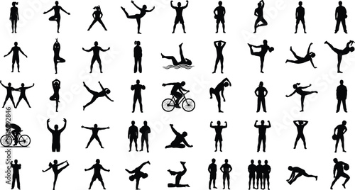 People fitness silhouettes set showing sports exercises yoga dance cycling and dynamic body movements isolated on white background vector illustration collection design elements
