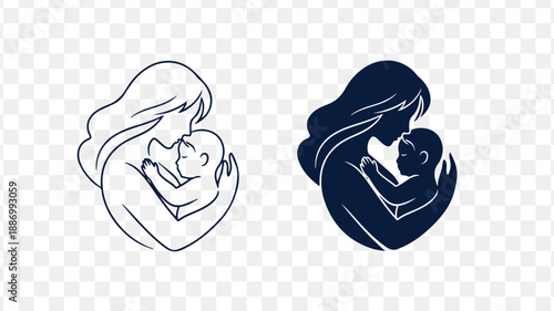 Motherly love symbol, woman holding baby icon isolated on Transparent Background