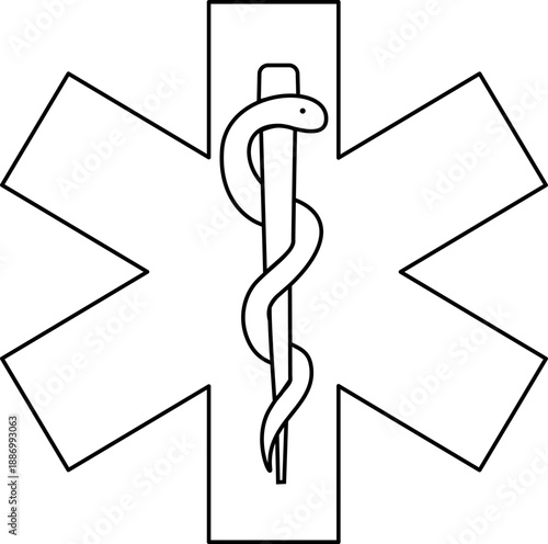 Minimalist star of life icon, thin line medical symbol, healthcare professional symbol, outline of the Rod of Asclepius, emergency and ambulance emblem, clinical rescue graphic
