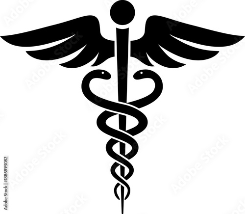 Professional caduceus medical symbol, isolated healthcare icon, black vector sign, ancient staff of Hermes, pharmacy and medicine emblem, clinical healthcare graphic