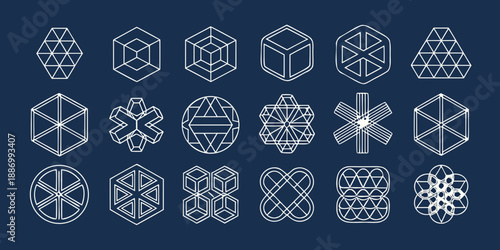 Geometric shapes and polyhedral designs in a linear modern style