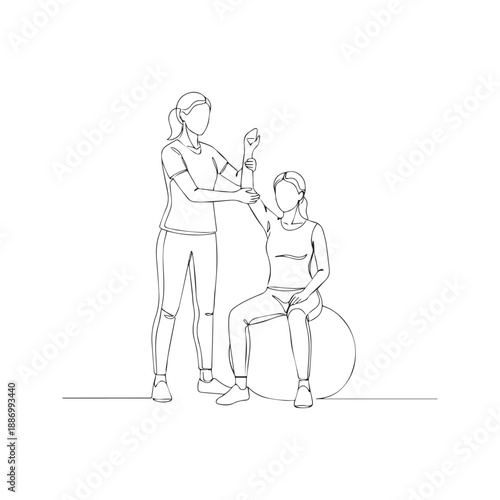 Continuous line drawing of physiotherapist helping patient on exercise ball. Vector illustration of rehabilitation, physical therapy, and medical recovery concept.
