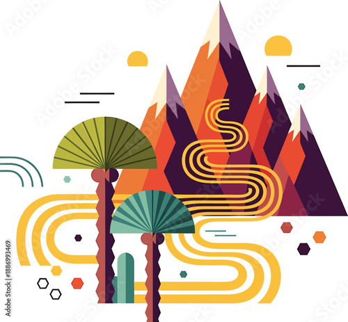 Retro sunset mountain road with palm trees landscape illustration