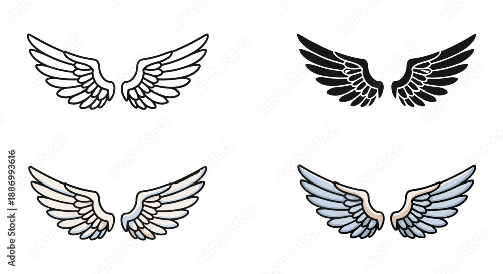 Fototapeta premium Collection of different style angel wings on white background