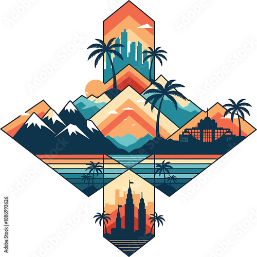 Symmetrical collage of mountains, cityscapes, and ocean scenes on transparent background