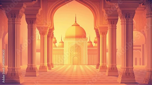 Grand Islamic architecture with ornate columns and domes bathed in warm golden light