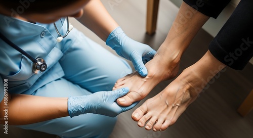 Podiatrist examining a patient's foot, focusing on the toes and arch for potential issues.