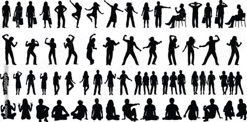 People silhouettes collection showing men women and children in standing sitting walking and dancing poses isolated on white background vector illustration set