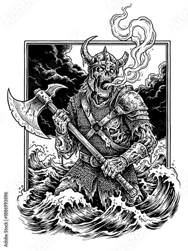 A fearsome undead Viking warrior stands in stormy waters, wielding an axe.