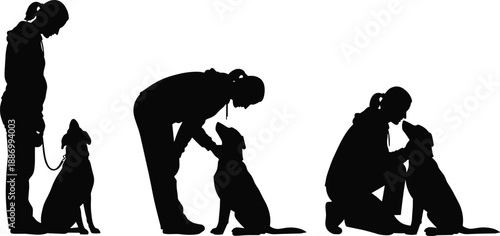 Black silhouettes of a female owner interacting with her dog through standing petting and kneeling poses for pet care and companionship