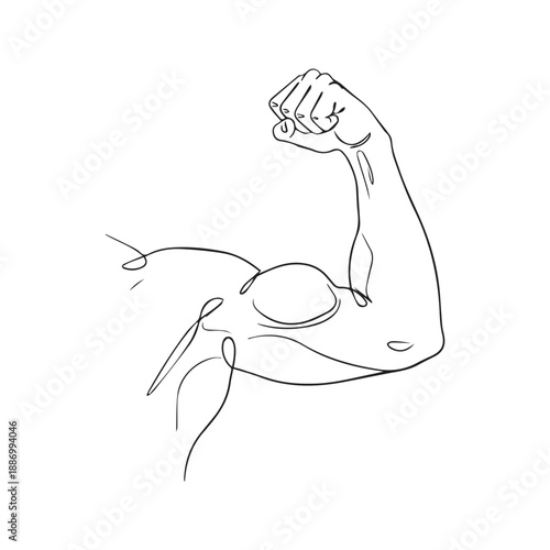 Continuous line drawing of strong arm flexing bicep muscle. Minimalist vector illustration of bodybuilder power, gym fitness, and workout strength concept.

