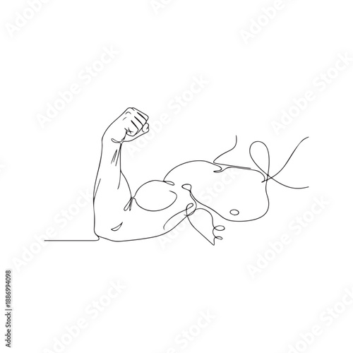 Continuous line drawing of strong arm flexing bicep muscle. Minimalist vector illustration of bodybuilder power, gym fitness, and workout strength concept.
