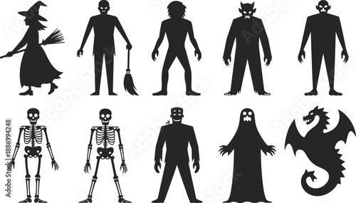 halloween monster character silhouette set spooky horror witch vampire ghost skeleton dragon vector