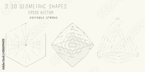 Line art illustration of three dimensional geometric shapes in a vector style