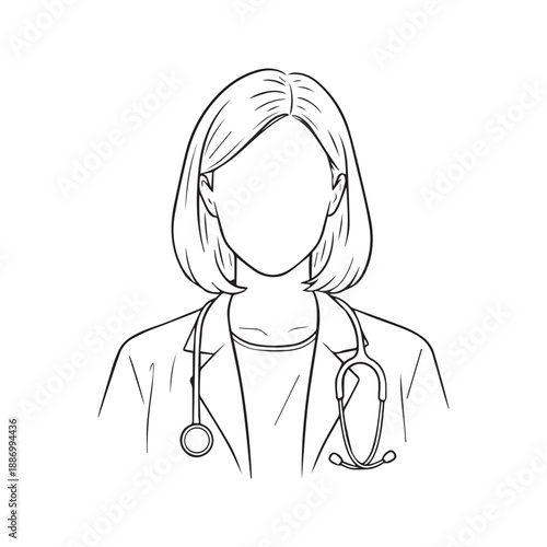 Minimalist line art drawing of female doctor wearing stethoscope. Vector illustration of medical professional, nurse, or physician in white coat faceless portrait.
