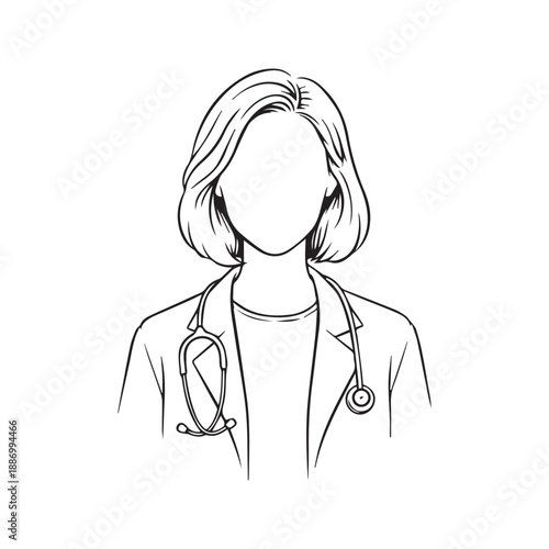 Minimalist line art drawing of female doctor wearing stethoscope. Vector illustration of medical professional, nurse, or physician in white coat faceless portrait.
