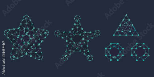 Geometric shapes formed by interconnected nodes and lines in a teal color
