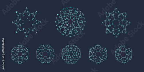 Abstract geometric shapes with interconnected lines and nodes on a dark background