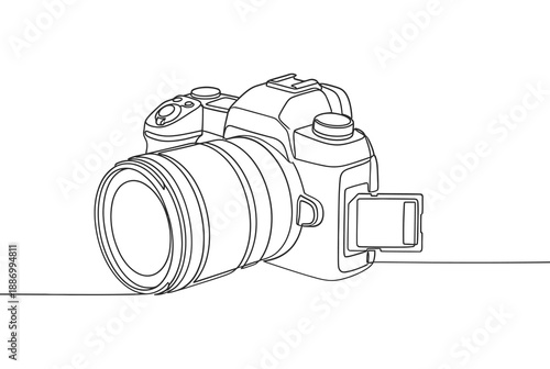 A single line drawing depicts a digital slr camera in detail