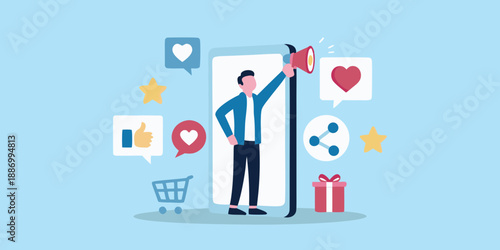 A person announcing social media updates from a smartphone with icons around