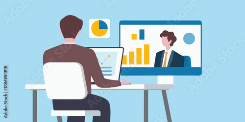 A person reviewing data and video conferencing with a colleague