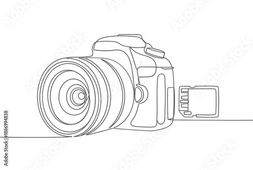 A single line drawing depicting a modern digital slr camera