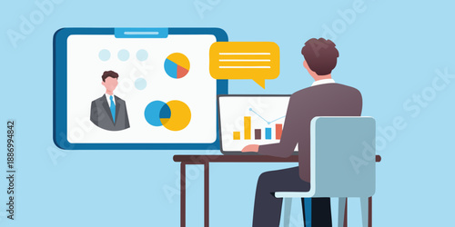 Business professional presenting data and analytics during a virtual video conference