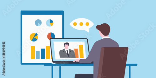 man in suit sitting at desk with laptop and large chart on wall