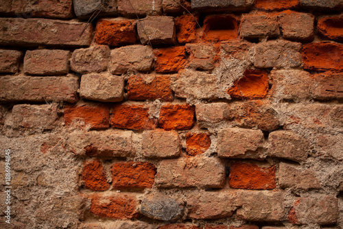 Close-up of a weathered red brick wall with visible mortar and aging textures in the historic Navigli district of Milan, Italy.