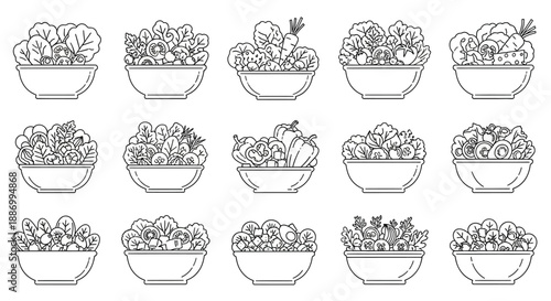Variety of salad bowls filled with fresh vegetables and fruits displayed in a grid pattern