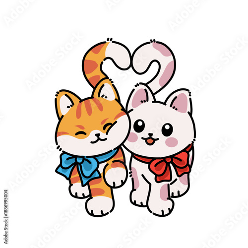 Cute colorful cat couple wearing bows with heart shape tails, cartoon illustration symbolizing love, celebration, friendship, and happiness.