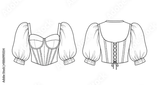 Detailed fashion sketch of a vintage style corset top with puffed sleeves front and back views