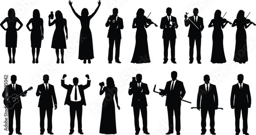 Black Professional Silhouettes Set Featuring Musicians Playing Violin and Guitar Photographers and Business People in Formal Suits Isolated on White Background for Event Design Elements